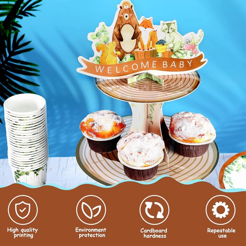 كلاراكو ديكورات حفل استقبال الطفل في الغابة، حامل كب كيك في الغابة، حامل كب كيك خشبي بثلاث طبقات بتصميم حيوانات الغابة الريفية، مخلوقات الغابة، حفلة ترحيبية بموضوع حطاب الغابة للأولاد والبنات، لوازم حفلات الترحيب - Image 4
