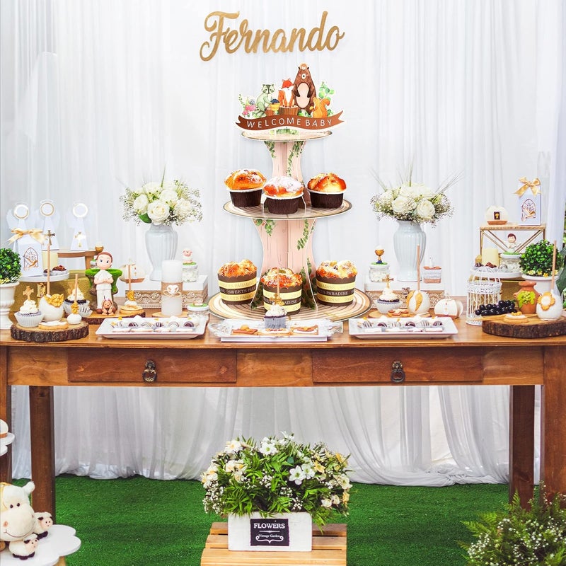 كلاراكو ديكورات حفل استقبال الطفل في الغابة، حامل كب كيك في الغابة، حامل كب كيك خشبي بثلاث طبقات بتصميم حيوانات الغابة الريفية، مخلوقات الغابة، حفلة ترحيبية بموضوع حطاب الغابة للأولاد والبنات، لوازم حفلات الترحيب - Image 5