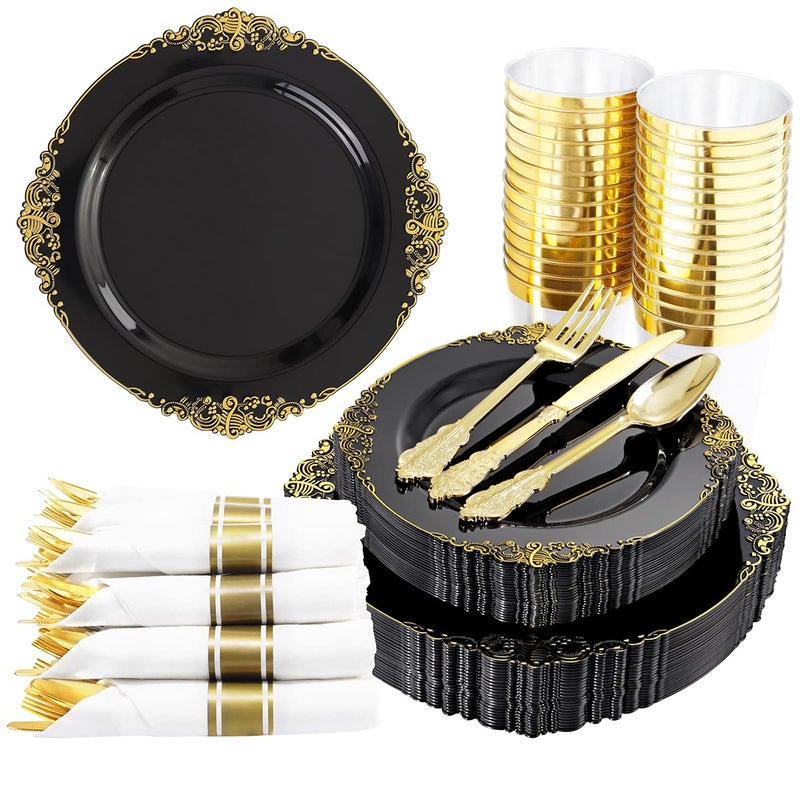 Hioasis 350pcs Black and Gold Plastic Plates with Gold Plastic Silverware include 50 1025 Dinner Plates50 75 Dessert Plates50 Rolled Napkins with Cutlery50 Cups for Weddings  Parties