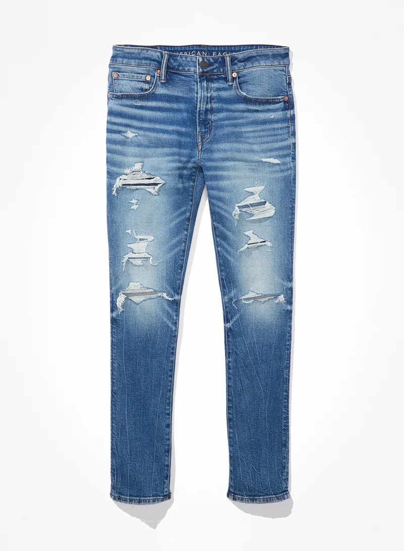 American Eagle Airflex+ Patched Slim Fit Mid Wash Jeans