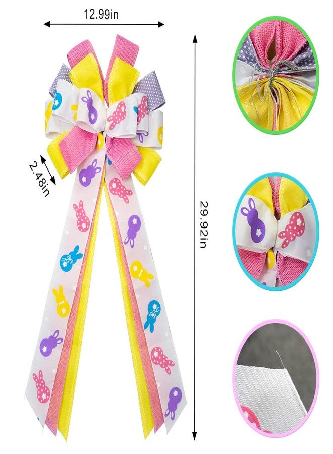 Threetols Large Easter Bows for Wreath, Spring Easter Colorful Bunny Rabbit Wreath Bows for Front Door Decoration White Yellow Pink Purple Wreath Ribbon Bows for Home Door Wall Decor Spring Easter Party - Image 2