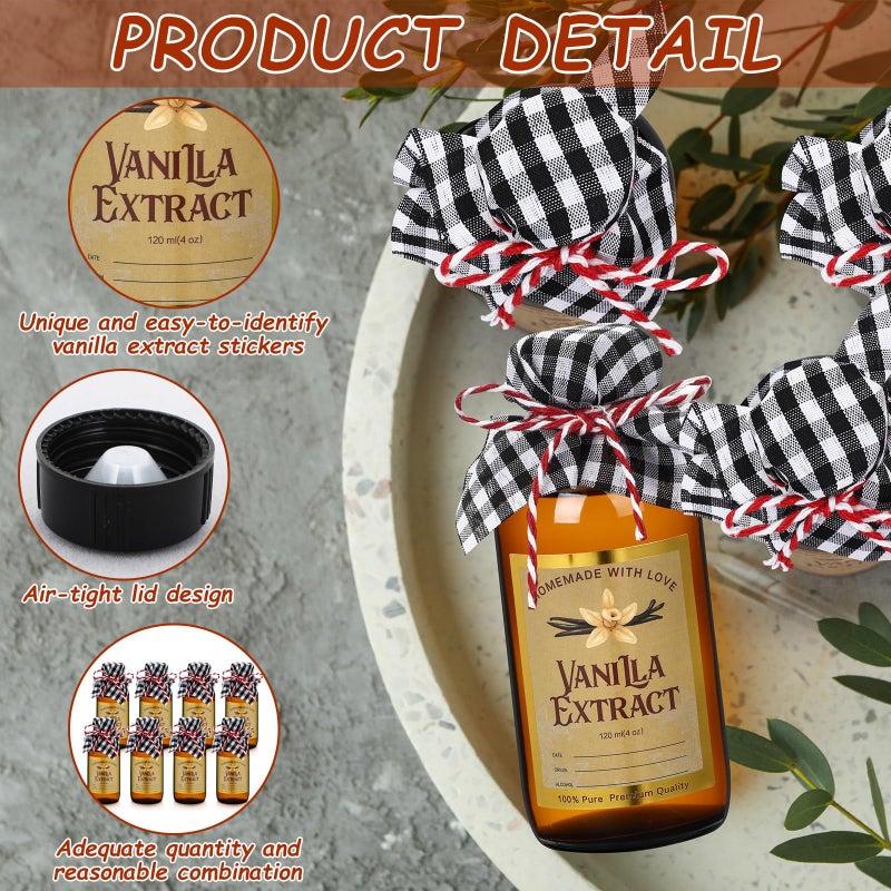 Uiifan 8 Pcs Glass Bottles Jars for Vanilla Extract 4 oz Amber Glass Jars with Caps Boston Round Bottles with Vanilla Extract Labels Stickers for Syrup Gift Food Storage Canister Set Sauce Beans - Image 3