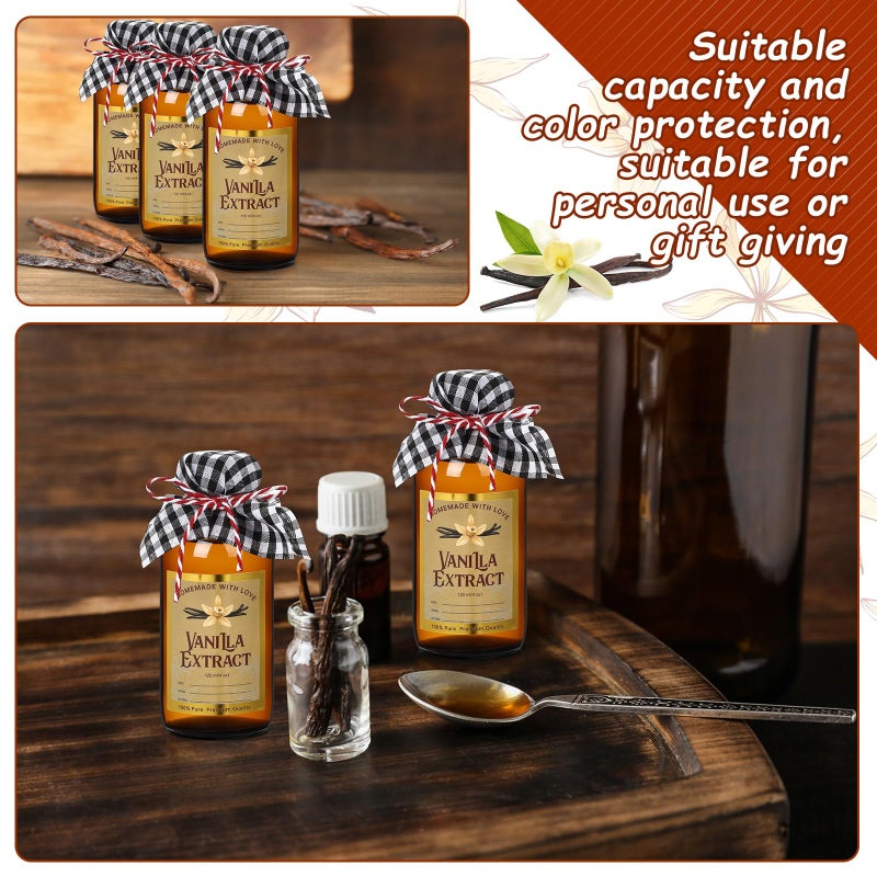 Uiifan 8 Pcs Glass Bottles Jars for Vanilla Extract 4 oz Amber Glass Jars with Caps Boston Round Bottles with Vanilla Extract Labels Stickers for Syrup Gift Food Storage Canister Set Sauce Beans - Image 5