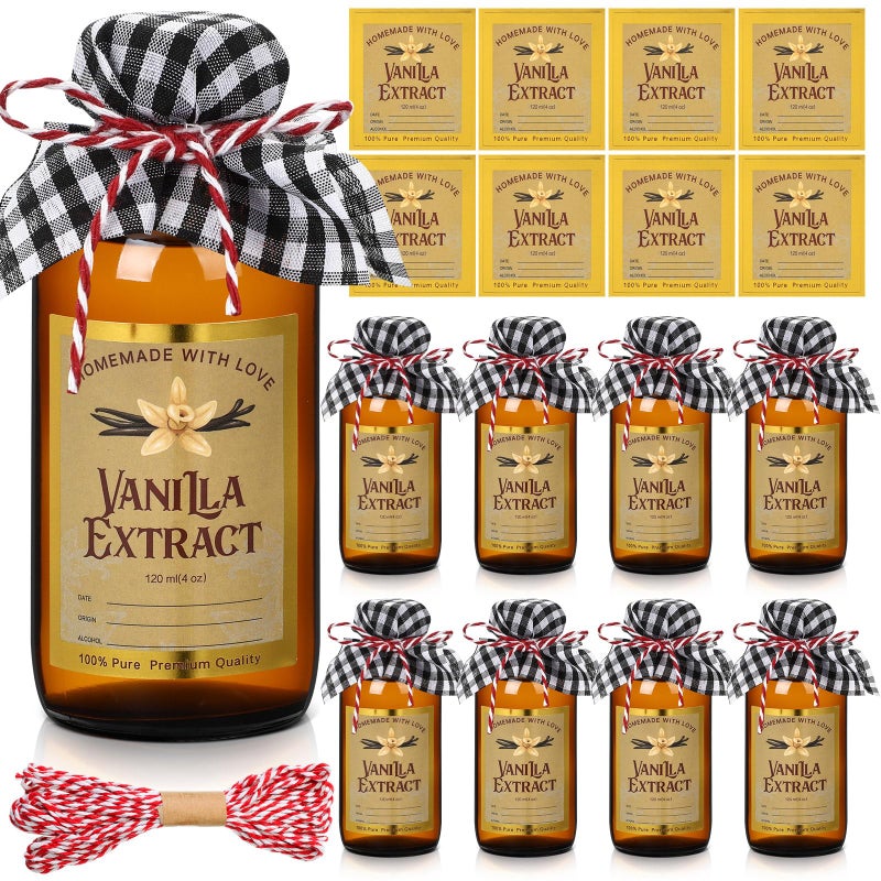 Uiifan 8 Pcs Glass Bottles Jars for Vanilla Extract 4 oz Amber Glass Jars with Caps Boston Round Bottles with Vanilla Extract Labels Stickers for Syrup Gift Food Storage Canister Set Sauce Beans - Image 1