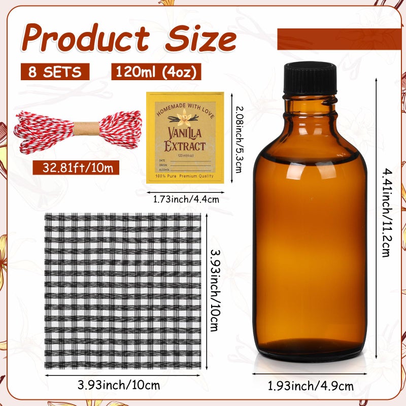 Uiifan 8 Pcs Glass Bottles Jars for Vanilla Extract 4 oz Amber Glass Jars with Caps Boston Round Bottles with Vanilla Extract Labels Stickers for Syrup Gift Food Storage Canister Set Sauce Beans - Image 2