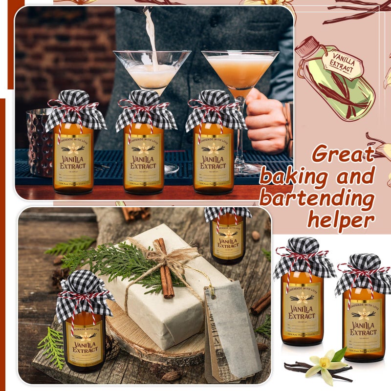 Uiifan 8 Pcs Glass Bottles Jars for Vanilla Extract 4 oz Amber Glass Jars with Caps Boston Round Bottles with Vanilla Extract Labels Stickers for Syrup Gift Food Storage Canister Set Sauce Beans - Image 4