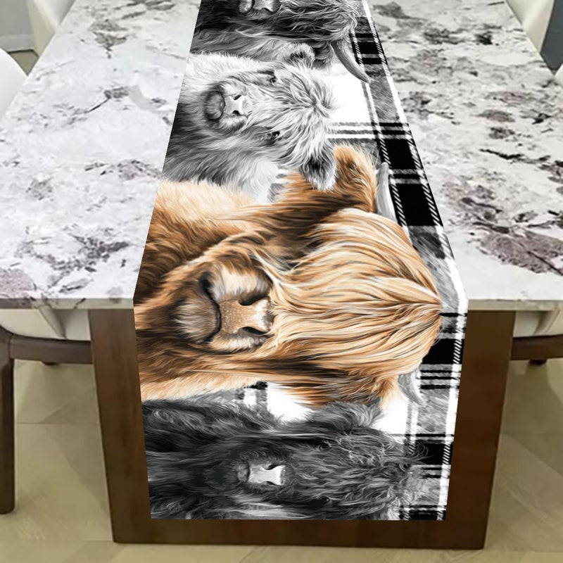 Highland Cow Table Runner 90x33cm Vintage Style Lightweight Easy Clean Kitchen Decor - Image 1