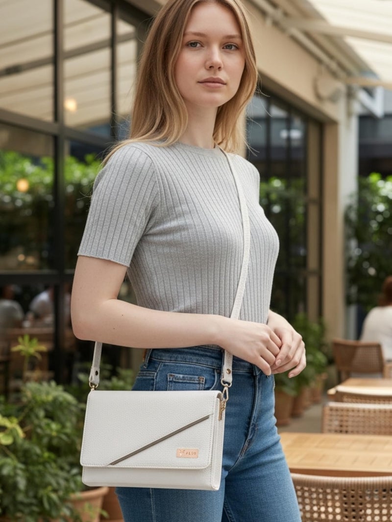 ALSU Women’s Vegan Leather Sling Bag | Stylish Crossbody Purse with Zipper Pocket & Card Slots | Magnetic Closure, Adjustable Strap| Premium Everyday Shoulder Bag for Women & Girls (White) - Image 3