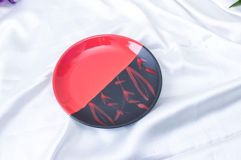 Caffeine Ceramic Stoneware Handmade Red & Black Combo Dinner Set of 8 (4 Dinner Plate, 4 Katori Bowl Microwave & Dishwasher Safe) - Image 3