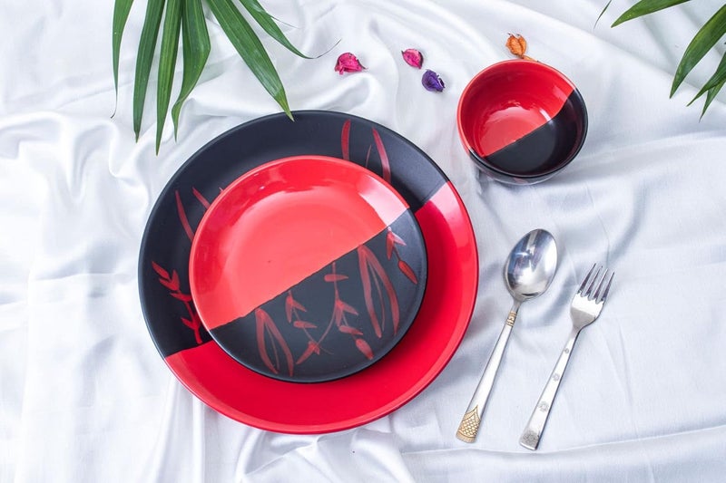 Caffeine Ceramic Stoneware Handmade Red & Black Combo Dinner Set of 8 (4 Dinner Plate, 4 Katori Bowl Microwave & Dishwasher Safe) - Image 5