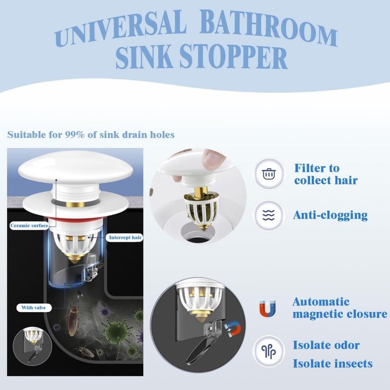 Excefore Sink Plug, Universal Sink Strainer Plug, Sink Drain Plug with Hair Filter, Anti-blocking, Odor and Insect Resistant, with Rubber, Modern Pop-Up for Bathroom, Kitchen, Drainage, Bidet-White, Beautiful - Image 2