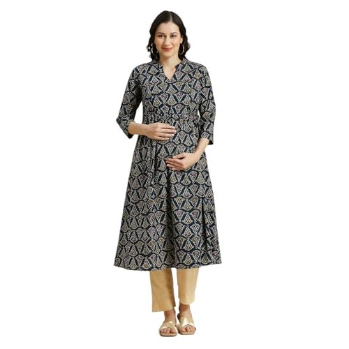 MomToBe Wome's Cotton Anarkali Maternity Kurti/Pregnancy Dress/Easy Breastfeeding Kurta with Zippers/Maternity Dress with Zippers for Nursing Pre and Post Pregnancy (Teal Blue ; 2XL) - Image 1