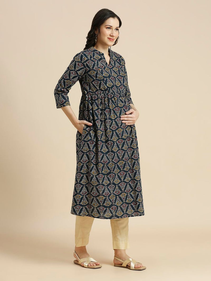 MomToBe Wome's Cotton Anarkali Maternity Kurti/Pregnancy Dress/Easy Breastfeeding Kurta with Zippers/Maternity Dress with Zippers for Nursing Pre and Post Pregnancy (Teal Blue ; 2XL) - Image 3