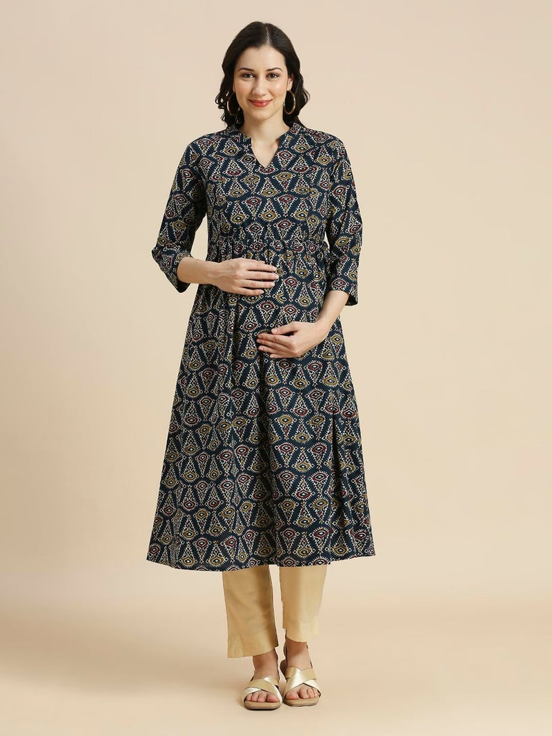MomToBe Wome's Cotton Anarkali Maternity Kurti/Pregnancy Dress/Easy Breastfeeding Kurta with Zippers/Maternity Dress with Zippers for Nursing Pre and Post Pregnancy (Teal Blue ; 2XL) - Image 2