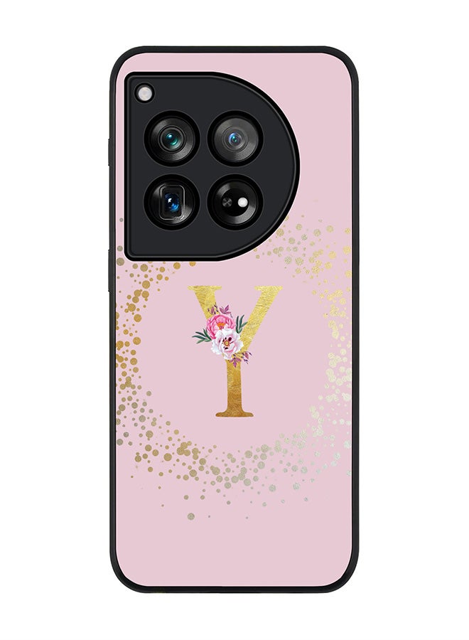 Stylizedd Rugged Black Edge Case for OnePlus 12, Slim fit Case Thin Cover -  Custom Monogram Initial Letter Floral Pattern Alphabet - Y  (Pink ) - Image 1