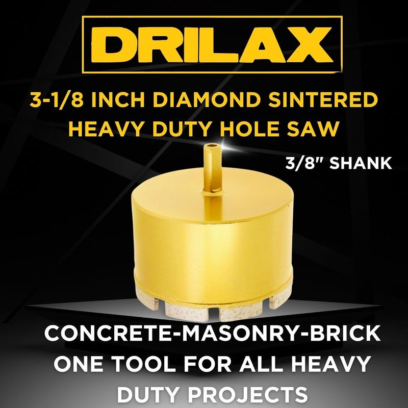 DRILAX 3-1/8 Inch Diamond Masonry Hole Saw | Heavy Duty Sintered Dry Core Bit | for Concrete, Brick, HVAC Vents, AC Pipes, Electrical Conduits | 3/8" Shank - Image 2