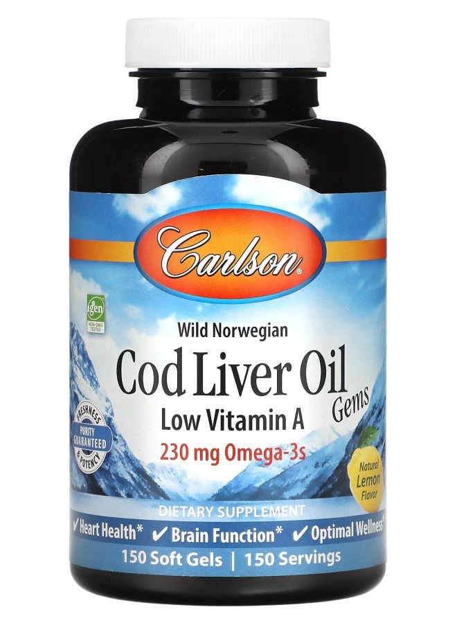 Wild Norwegian Cod Liver Oil Gems Low Vitamin A Natural Lemon  230 mg 150 Soft Gels