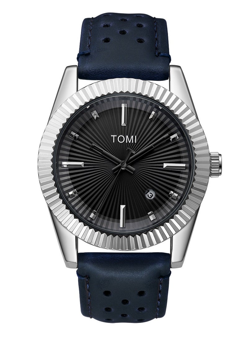 TOMI Watch With Blue Leather Strap For Unisex-Displaying The Date And Day on a Daily Basis - Image 1
