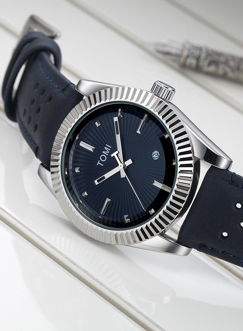 TOMI Watch With Blue Leather Strap For Unisex-Displaying The Date And Day on a Daily Basis - Image 2