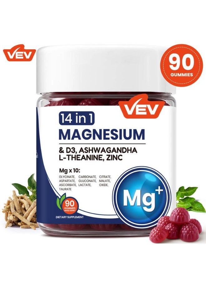 VEV 14-in-1 Magnesium Gummies – with Ashwagandha, L-Theanine, Vitamin D3 & Zinc, Edible Healthcare Dietary - Image 1
