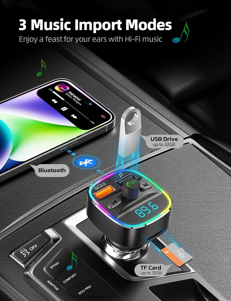 nulaxy جهاز إرسال FM بلوتوث، محول سيارة بلوتوث مع شاحن USB مزدوج، مجموعة راديو سيارة لاسلكية، مشغل MP3 يدعم بطاقة TF وقرص USB، مكالمات بدون استخدام اليدين، ضوء خلفي LED بألوان 7، أسود - Image 4