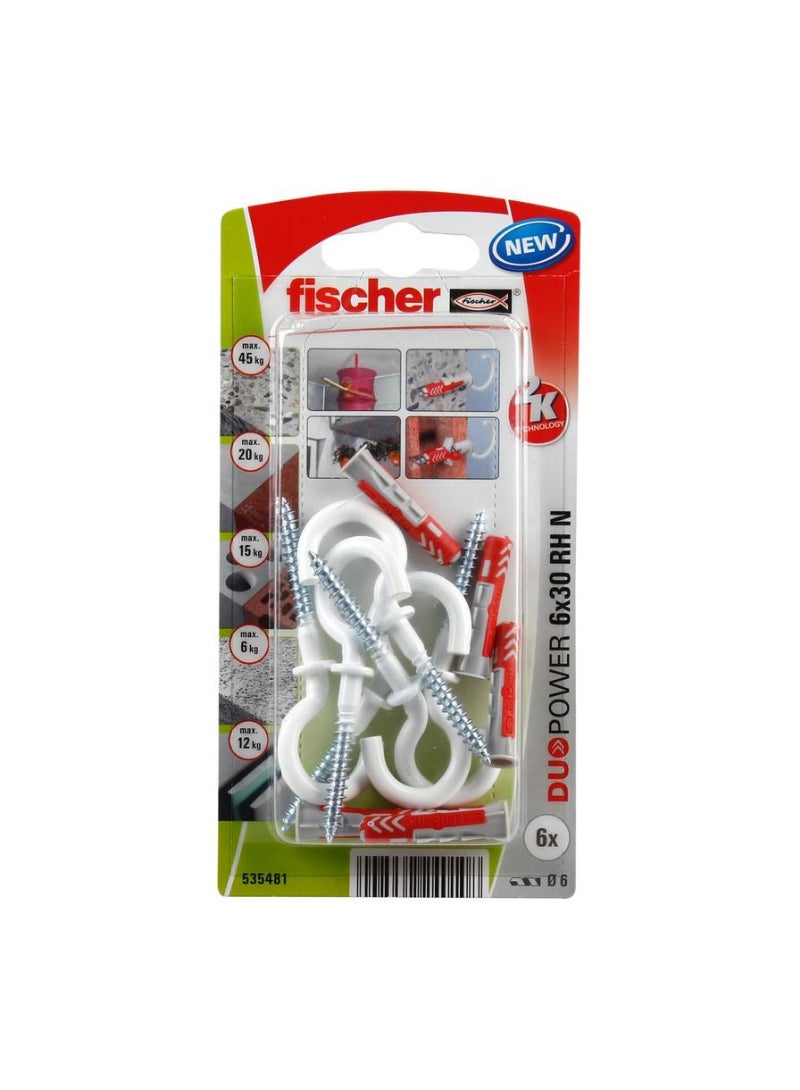 Fischer Fischer DuoPower Universal Wall Anchor W/ Nylon Coated Round Hook Pack 0.6 x 3cm 6Pcs