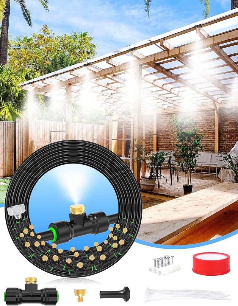 Lekit Misters for Outside Patio 89FT(27.3M)+34 Brass Mist Nozzles+a Brass Adapter(3/4") Detachable Outdoor misting Cooling System for Garden, Waterpark, Greenhouse, Backyard - Image 1