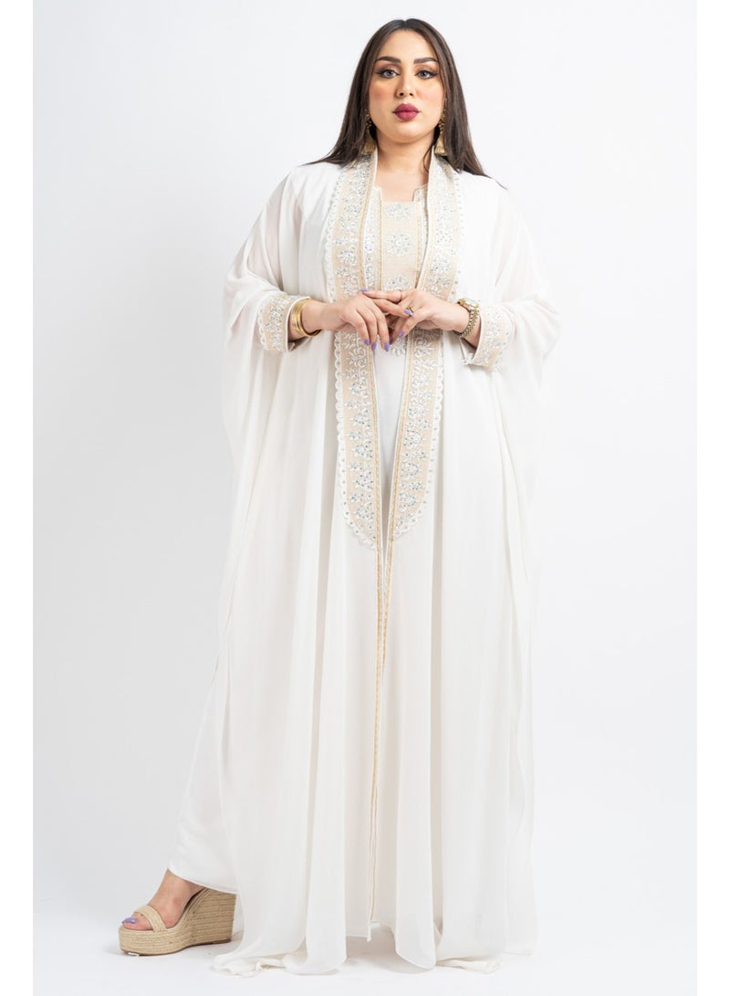 زينة جلابية سهرة نسائية راقية - قفطان شيفون فاخر بتطريز حجري وكريستال - موديل أكمام خفاش - Image 1