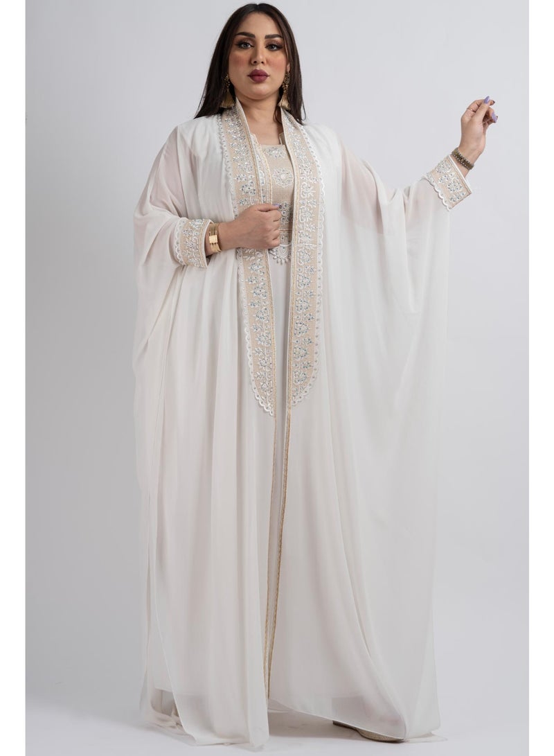 زينة جلابية سهرة نسائية راقية - قفطان شيفون فاخر بتطريز حجري وكريستال - موديل أكمام خفاش - Image 3