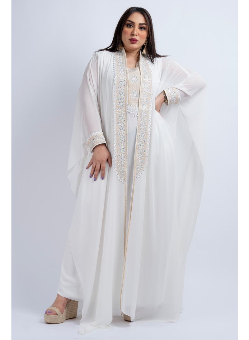 زينة جلابية سهرة نسائية راقية - قفطان شيفون فاخر بتطريز حجري وكريستال - موديل أكمام خفاش - Image 4