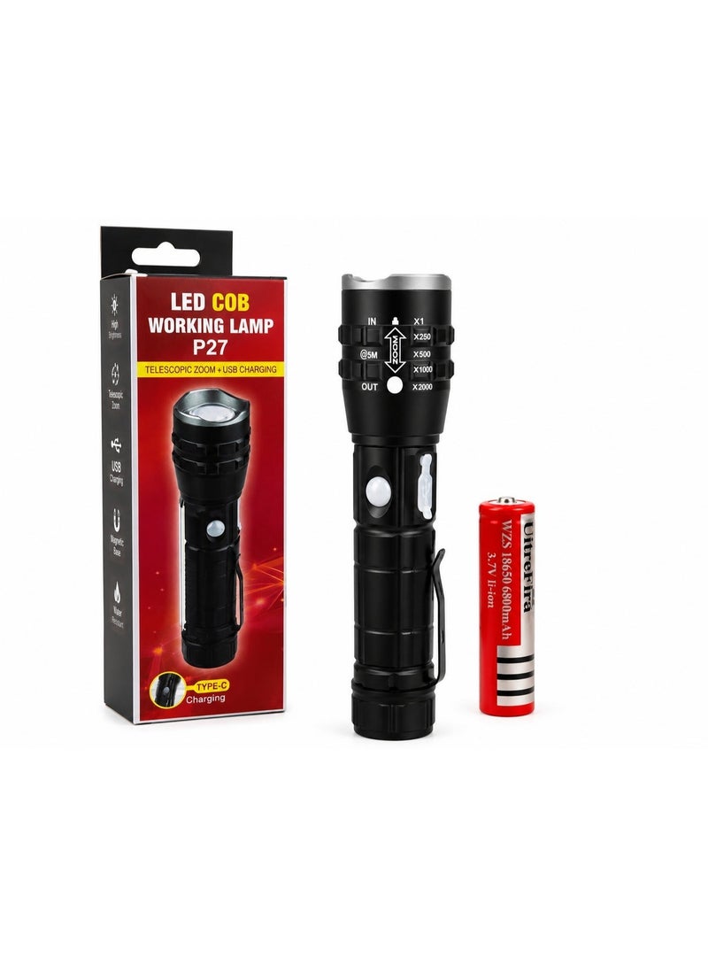 مصباح عمل P27 بتقنية LED COB قابل لإعادة الشحن – يجمع بين مصباح أمامي XPE بقوة 3 واط (عالي السطوع) وضوء عمل جانبي COB، يدعم الشحن السريع عبر منفذ USB Type-C، يتميز بتركيز ضوئي قابل للتعديل (زوم) وأنماط إضاءة متعددة، وقاعدة مغناطيسية قوية للاستخدام دون الحاجة لاستخدام اليدين؛ تصميم مدمج ومتين، مثالي لأعمال الإصلاح والتخييم وحالات الطوارئ والأنشطة الخارجية والاستخدام اليومي – اللون: أسود. - Image 3