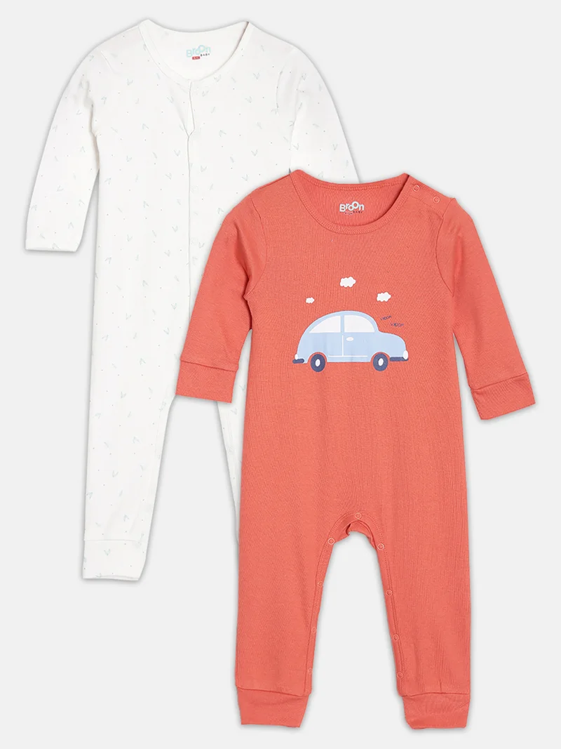 Broon Broon Infant Boys White and Red Printed Organic Cotton Sleepsuit Pack of 2