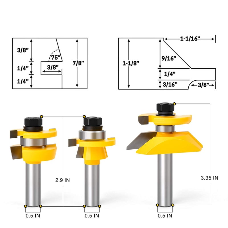 MEIGGTOOL 1/2 Inch Shank Bevel Stile and Rail Router Bit with Back-Cutter Panel Raiser Set of 3 PCS - Image 2