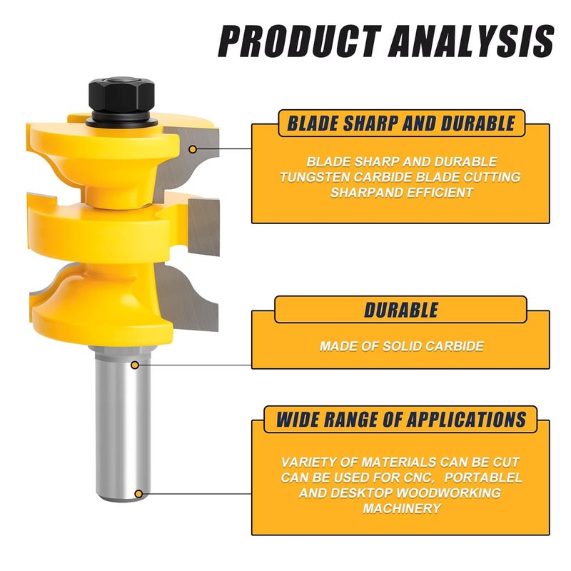 MEIGGTOOL 1/2 Inch Shank Bevel Stile and Rail Router Bit with Back-Cutter Panel Raiser Set of 3 PCS - Image 3