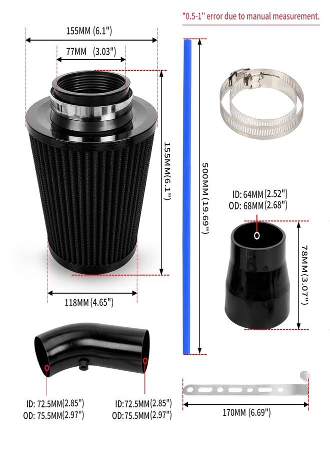 BARTOO Cold Air Intake Pipe Alumimum 3'' Cold air Intake Filter Induction kit (Black) - Image 3