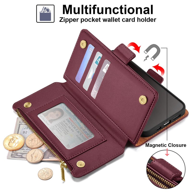 Antsturdy Compatible with iPhone 14 Wallet Case RFID Blocking,PU Leather Phone Case Women Men Flip Shockproof Cover with Wrist Strap Zipper Pocket Credit Card Holder Slots,for Apple 14 6.1" Wine Red - Image 4