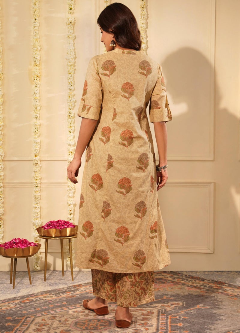rytras Women's Pure Cotton Printed Ethnic Wear A-Line Kurta Set with Palazzo Pants(RYT643,Beige,L) - Image 2