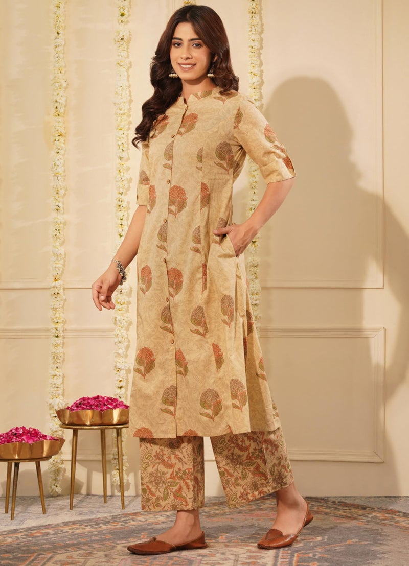 rytras Women's Pure Cotton Printed Ethnic Wear A-Line Kurta Set with Palazzo Pants(RYT643,Beige,L) - Image 3