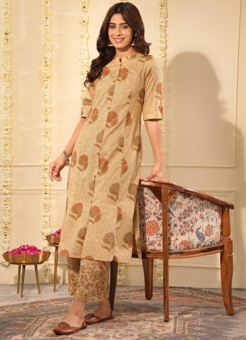 rytras Women's Pure Cotton Printed Ethnic Wear A-Line Kurta Set with Palazzo Pants(RYT643,Beige,L) - Image 5