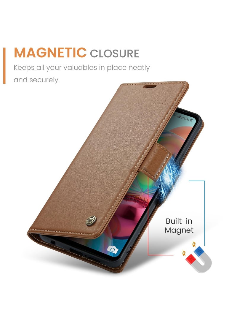 CaseMe Phone Case Luxury PU Leather Design Anti Fingerprint 023 Flip Cover Card Slot Holder Cover For Samsung Galaxy A71 4G (Brown) - Image 2