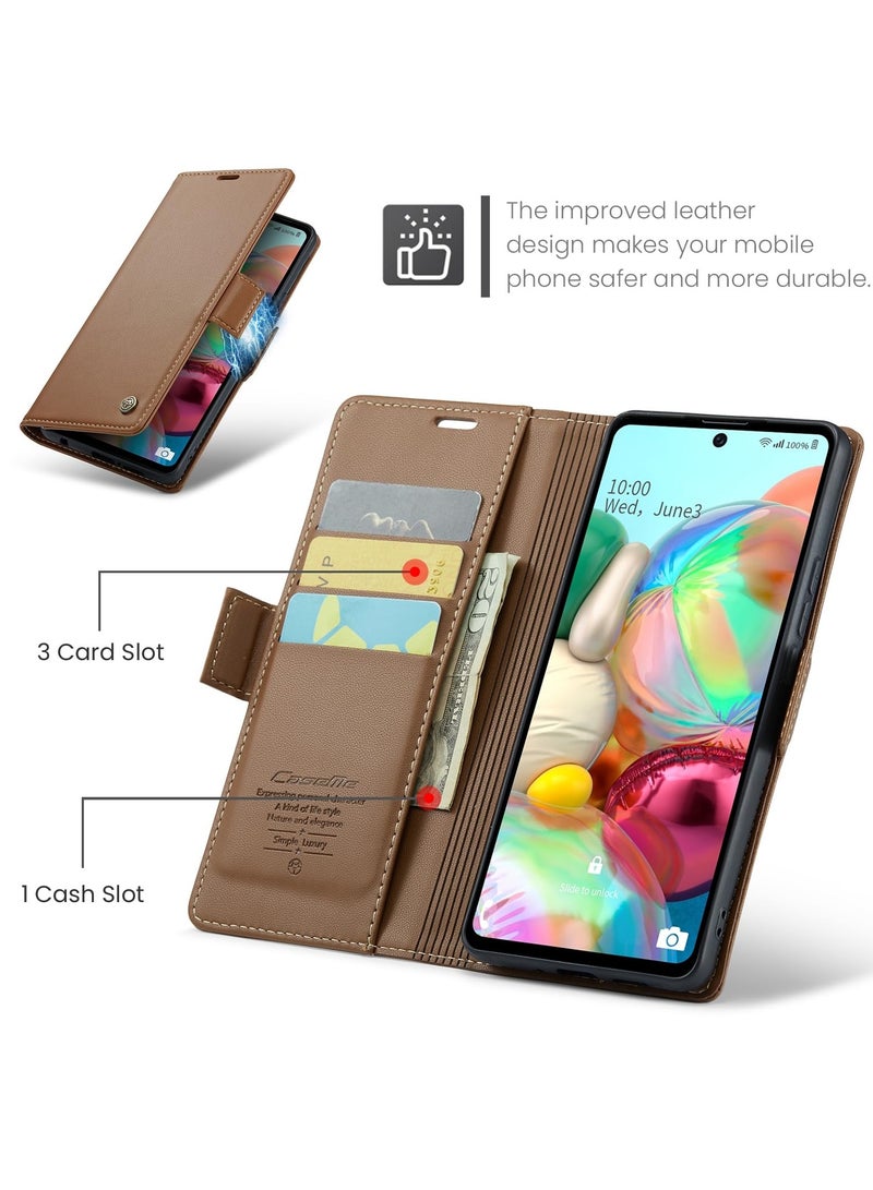 CaseMe Phone Case Luxury PU Leather Design Anti Fingerprint 023 Flip Cover Card Slot Holder Cover For Samsung Galaxy A71 4G (Brown) - Image 3