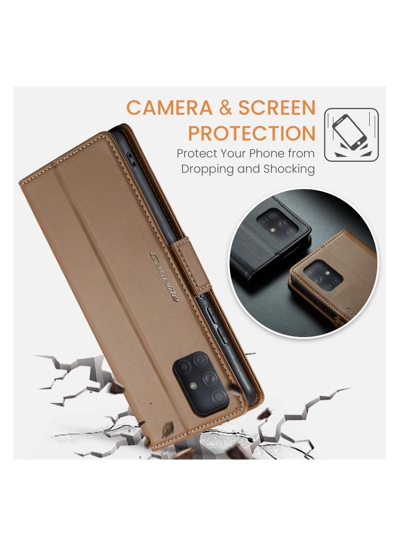 CaseMe Phone Case Luxury PU Leather Design Anti Fingerprint 023 Flip Cover Card Slot Holder Cover For Samsung Galaxy A71 4G (Brown) - Image 4