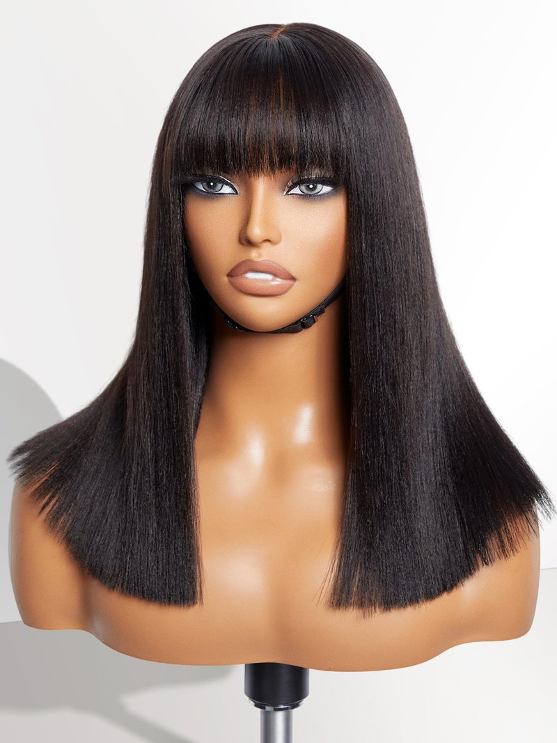 LUVME HAIR 14 Inch Light Yaki Straight Bob Wig with Bangs Human Hair Realistic HD Lace Short Black Bob Wigs Ready to Go Blunt Cut Bob Wig Glueless 180 Density