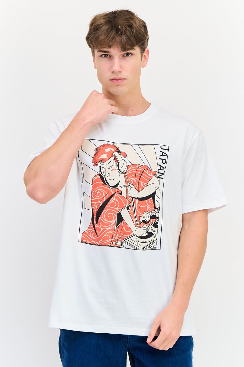 YOTO تي شيرت رجالي بأكمام قصيرة وياقة دائرية، مطبوع برسومات، أبيض - Image 1