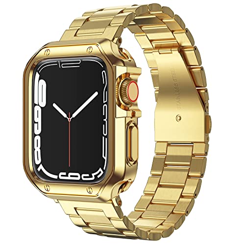 MRYUESG Compatible with Apple Watch Band and Case, Stainless Steel Metal Chain with TPU Cover, Smart-Watch Link Bracelet Strap, Wrist-Band for i-Watch Series 10 11, 46mm, Gold - Image 1