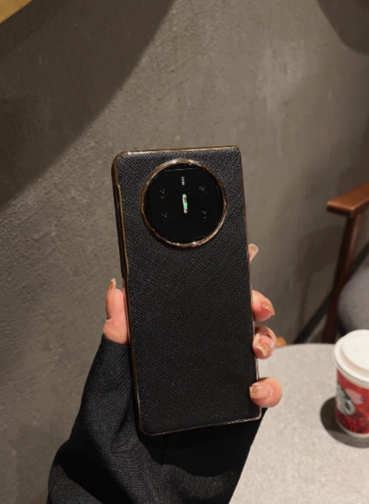 Huawei Matex2 Phone Case New Ultra-thin High-end Men's Leather All Inclusive Anti Drop Luxury High-end Phone Case Leather Cover [Leather Electroplating] Cross Pattern/Black - Image 1