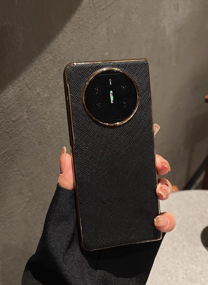 Huawei Matex2 Phone Case New Ultra-thin High-end Men's Leather All Inclusive Anti Drop Luxury High-end Phone Case Leather Cover [Leather Electroplating] Cross Pattern/Black - Image 3