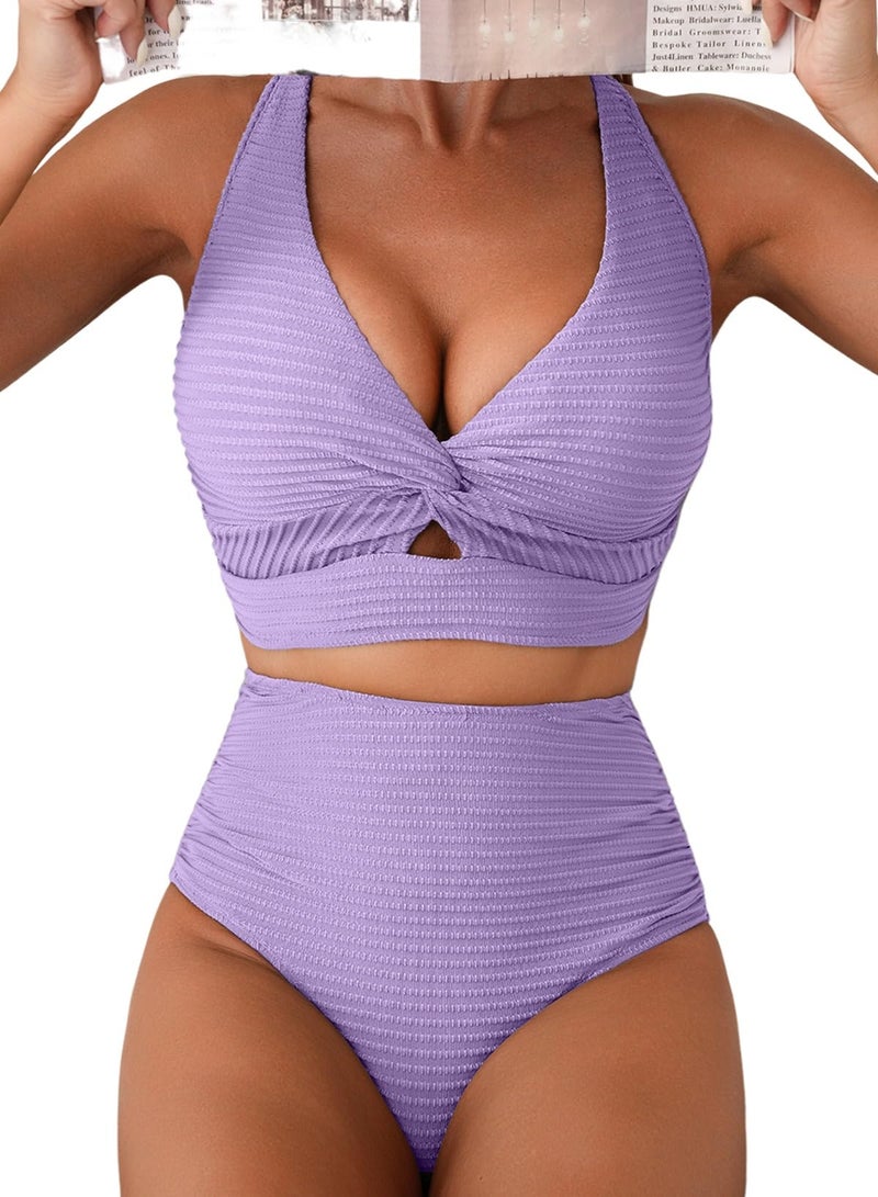 Herseas High Waisted Bikini Sets Twist Front Top Two Piece Swim Suits for Women 2026 Textured Tummy Control Flattering Padded Bathing Suits Beach Vacation Clothes Swimwear Purple Large - Image 1