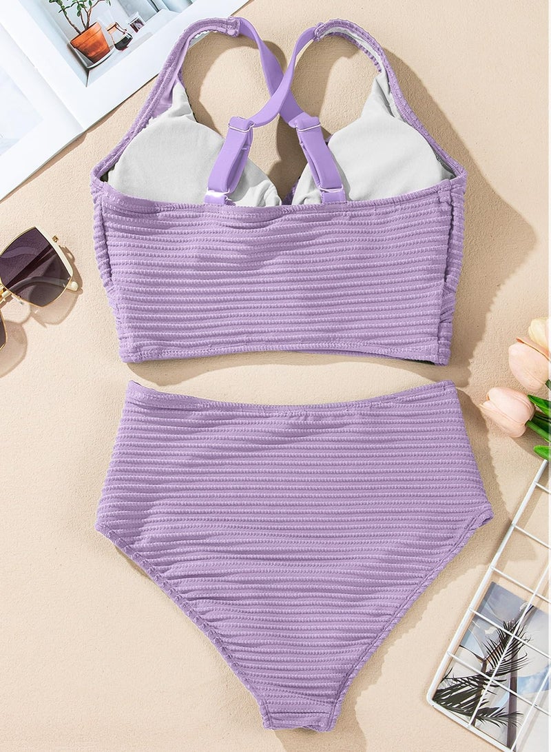 Herseas High Waisted Bikini Sets Twist Front Top Two Piece Swim Suits for Women 2026 Textured Tummy Control Flattering Padded Bathing Suits Beach Vacation Clothes Swimwear Purple Large - Image 5
