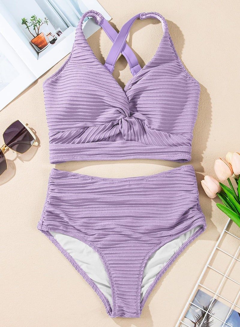 Herseas High Waisted Bikini Sets Twist Front Top Two Piece Swim Suits for Women 2026 Textured Tummy Control Flattering Padded Bathing Suits Beach Vacation Clothes Swimwear Purple Large - Image 4